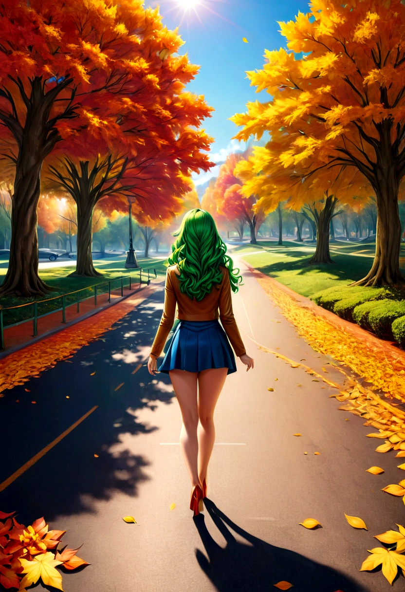 a model shot of woman walking in the park at autumn, a young woman, wearing a (short blue skirt: 1.1), (green hair: 1.1), long hair, wavy hair, high heels, strolling in the park at autumn, a shot from the rear, she is leaving, no looking back, there are leaves on the road, many leaves in red, orange and brow, full spectrum, vibrant colors, urban park at autumn background, trees with orange, red, yellow leaves, a sense of departure, glamours shot, best quality, 16k, RAW, award winning, [ultra detailed], masterpiece, best quality, (ultra detailed), full body,  photorealistic, 3D rendering, Cinematic Hollywood Film