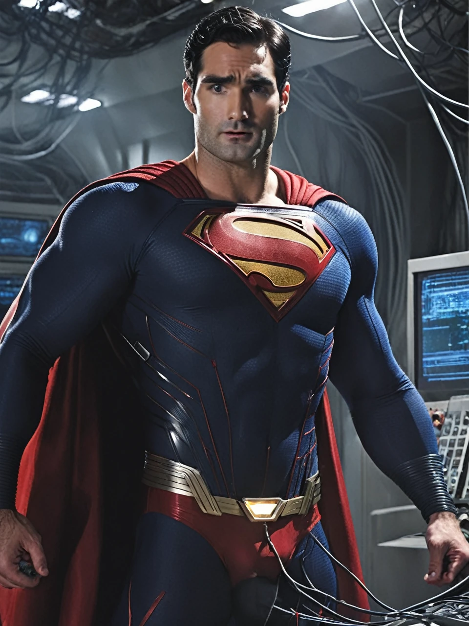 young handsome tyler hoechlin wearing classic Superman costume & tight red bikini briefs, is strangled & intruded by thick electric cables, struggling, exhausted, helpless. many electric wires & a hi-tech round electronic gadget is attached on superman’s big erected crotch & bulge is being drained, being assimilated into a supercomputer. trapped inside a futuristic lab.