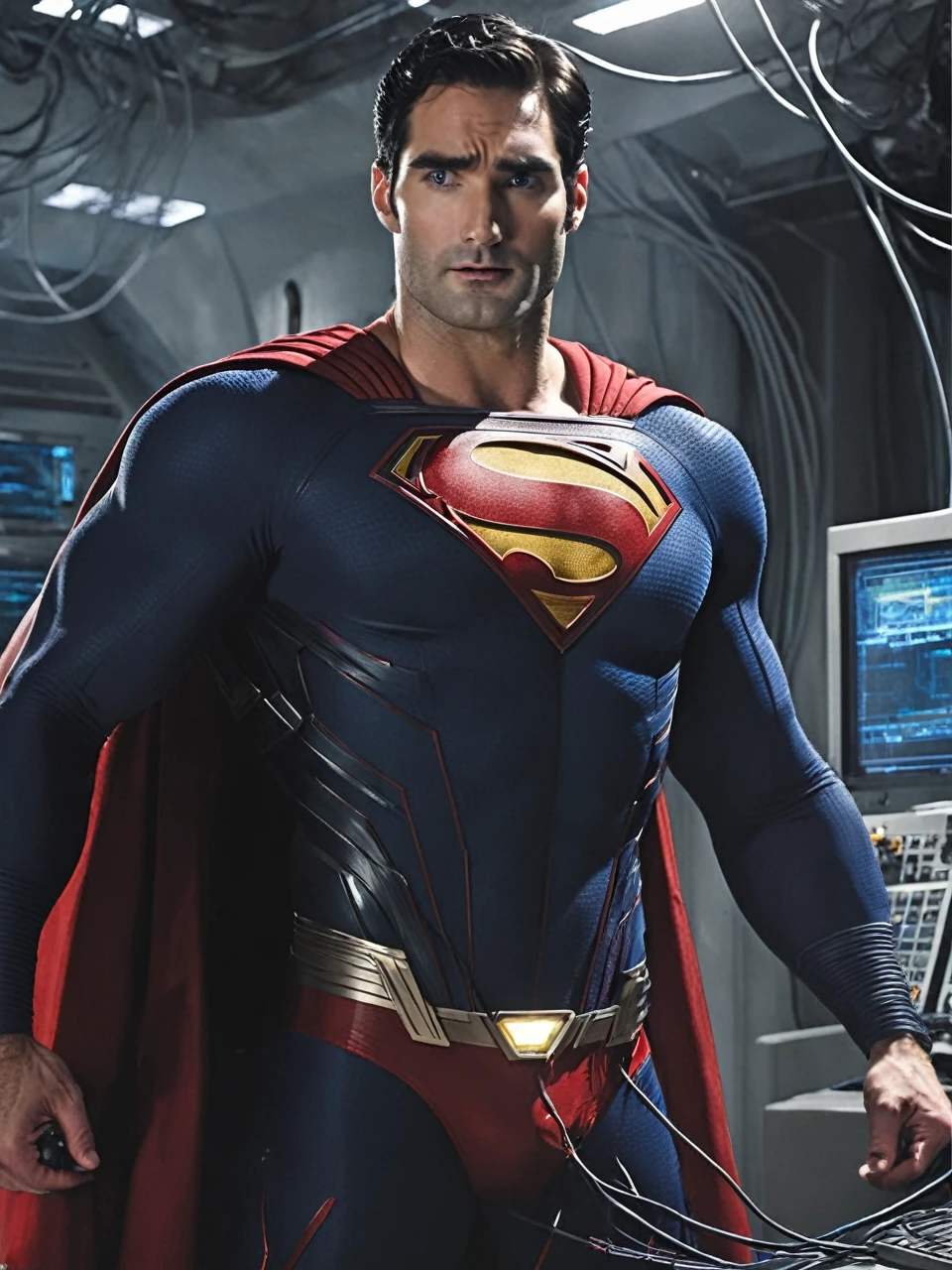 young handsome tyler hoechlin wearing classic Superman costume & tight red bikini briefs, is strangled & intruded by thick electric cables, struggling, exhausted, helpless. many electric wires & a hi-tech round electronic gadget is attached on superman’s big erected crotch & bulge is being drained, being assimilated into a supercomputer. trapped inside a futuristic lab.