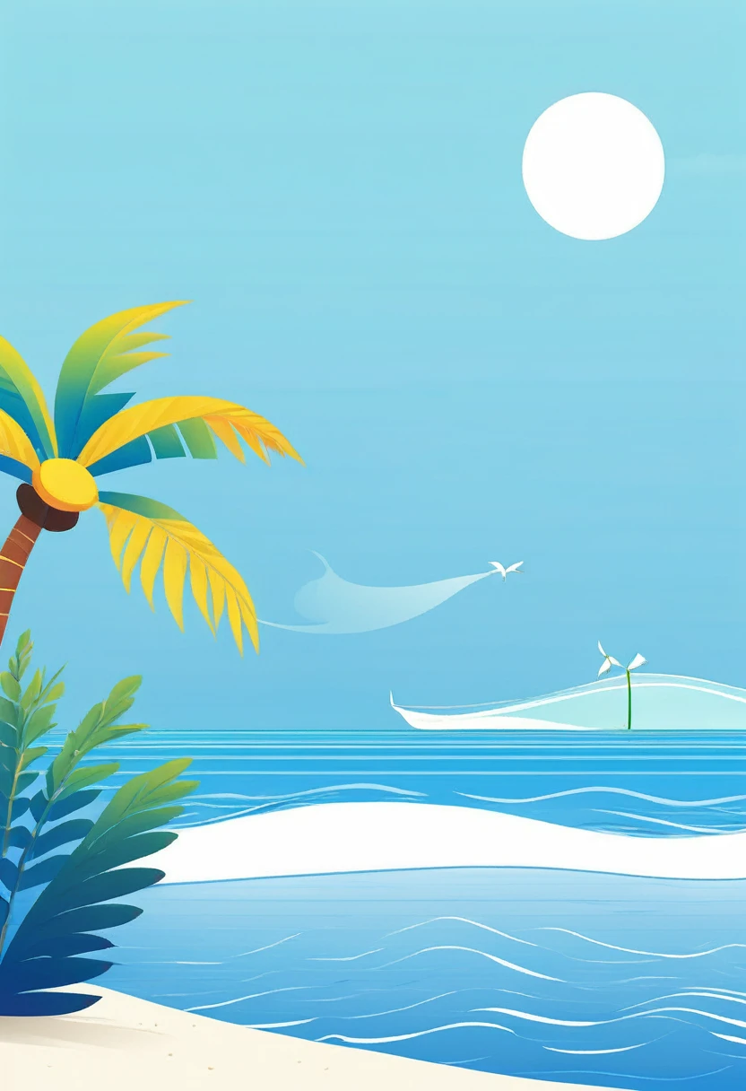 summer，seaside，Coconut tree on the left，There are waves，Illustration style，blue sky，White clouds，Frontal composition，Minimalist illustration；