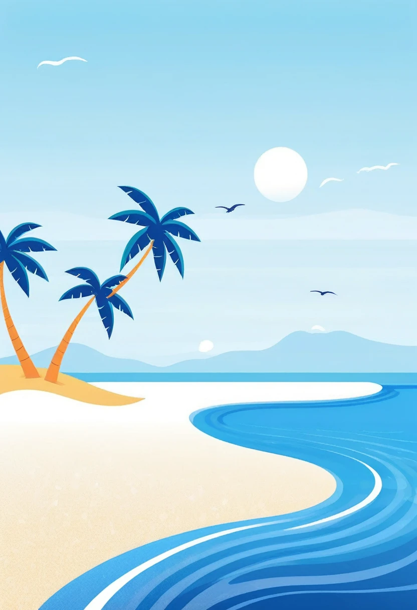 summer，seaside，Coconut tree on the left，There are waves，Illustration style，blue sky，White clouds，Frontal composition，Minimalist illustration；