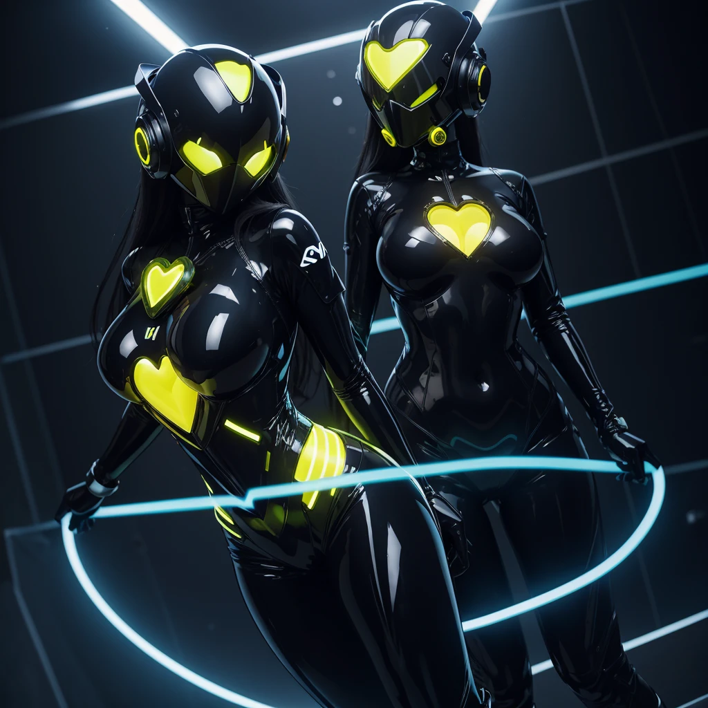 Dronificated unknown woman in a fully enclosed black latex fullbody suit with yellow lights across the suit and heart shaped glowing core in the chest, fully enclosed cyber helmet that cover her whole face and hides her identity with only two glowing yellow lines in it's otherwise, empty black face, huge breast, narrow waist, wide hips and thick thigs in a storage, no face, no hair, no mouth, no eyes