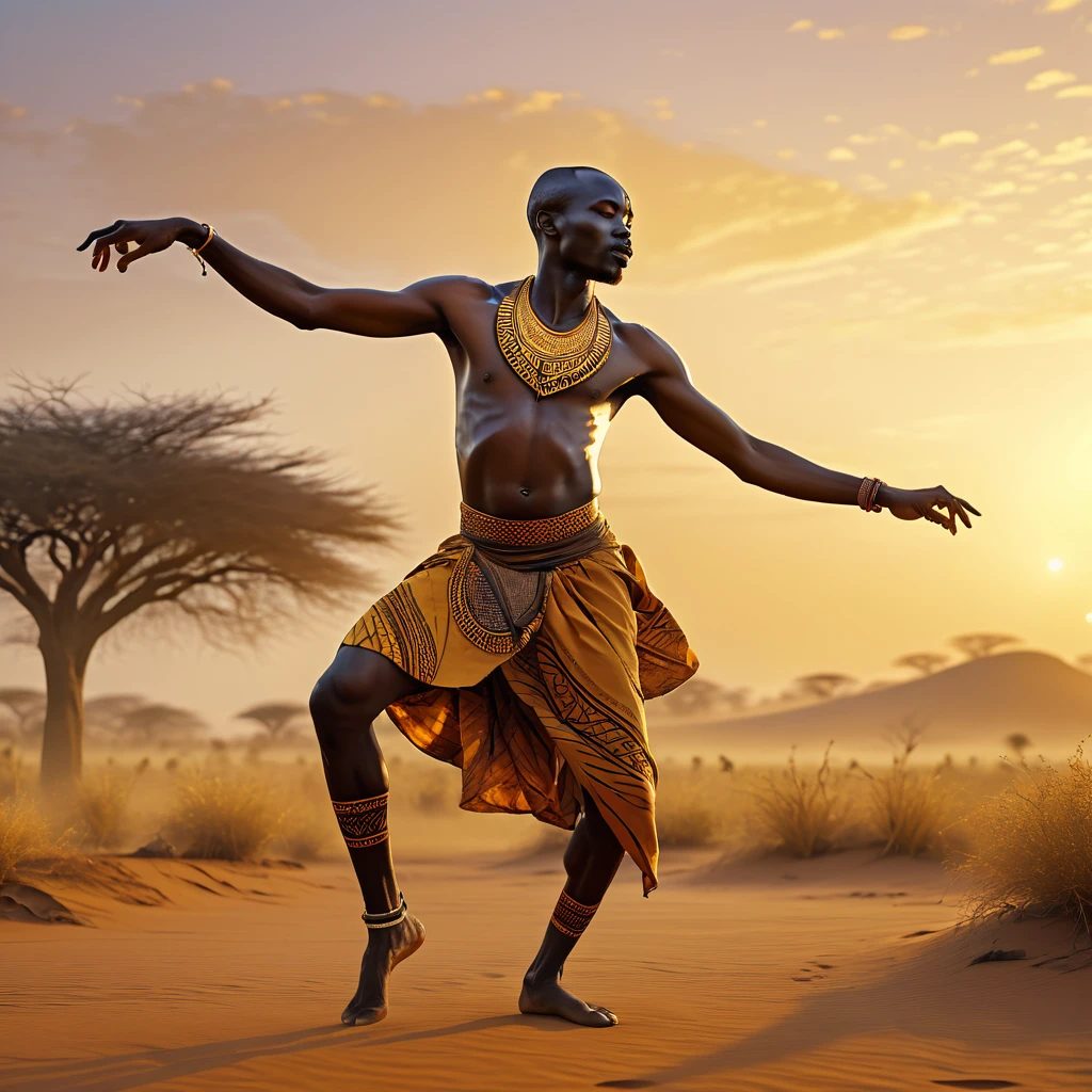 a slim african man dancing,full body,traditional african clothing,body painted with ochre,dynamic image,dawn landscape,cinematic,photorealistic,highly detailed,8k,masterpiece