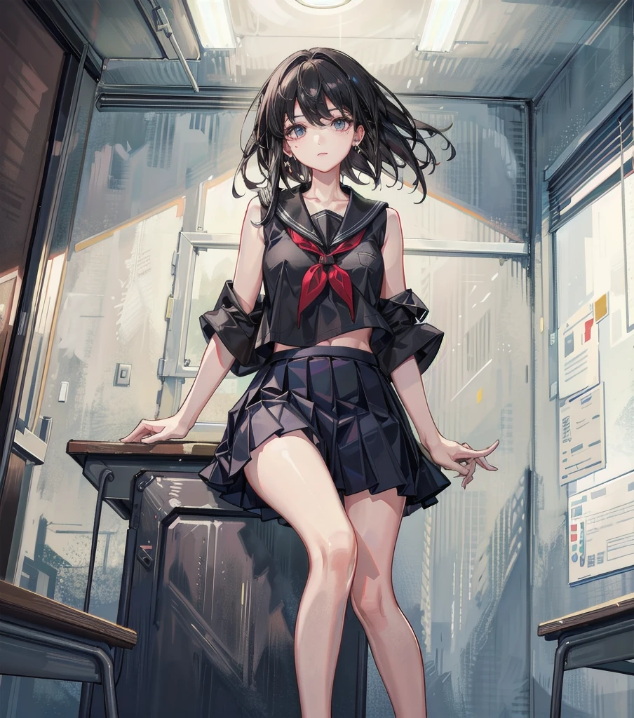 full body, solo, alone, perfect anatomy, correct body, ideal ratio of body proportions, tearful mole, earring, medium hair, black hair, medium tits, school_uniform, summer shirt, skirt, sleeveless, ((in classroom)),