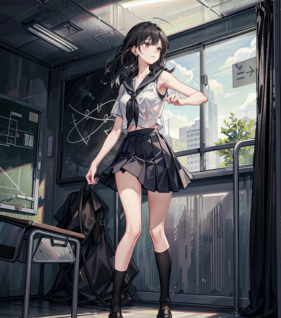 full body, solo, alone, perfect anatomy, correct body, ideal ratio of body proportions, tearful mole, earring, medium hair, black hair, medium tits, school_uniform, summer shirt, skirt, sleeveless, ((in classroom)),