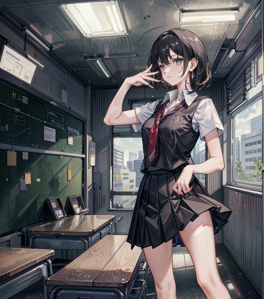 full body, solo, alone, perfect anatomy, correct body, ideal ratio of body proportions, tearful mole, earring, medium hair, black hair, medium tits, school_uniform, summer shirt, skirt, sleeveless, ((in classroom)),