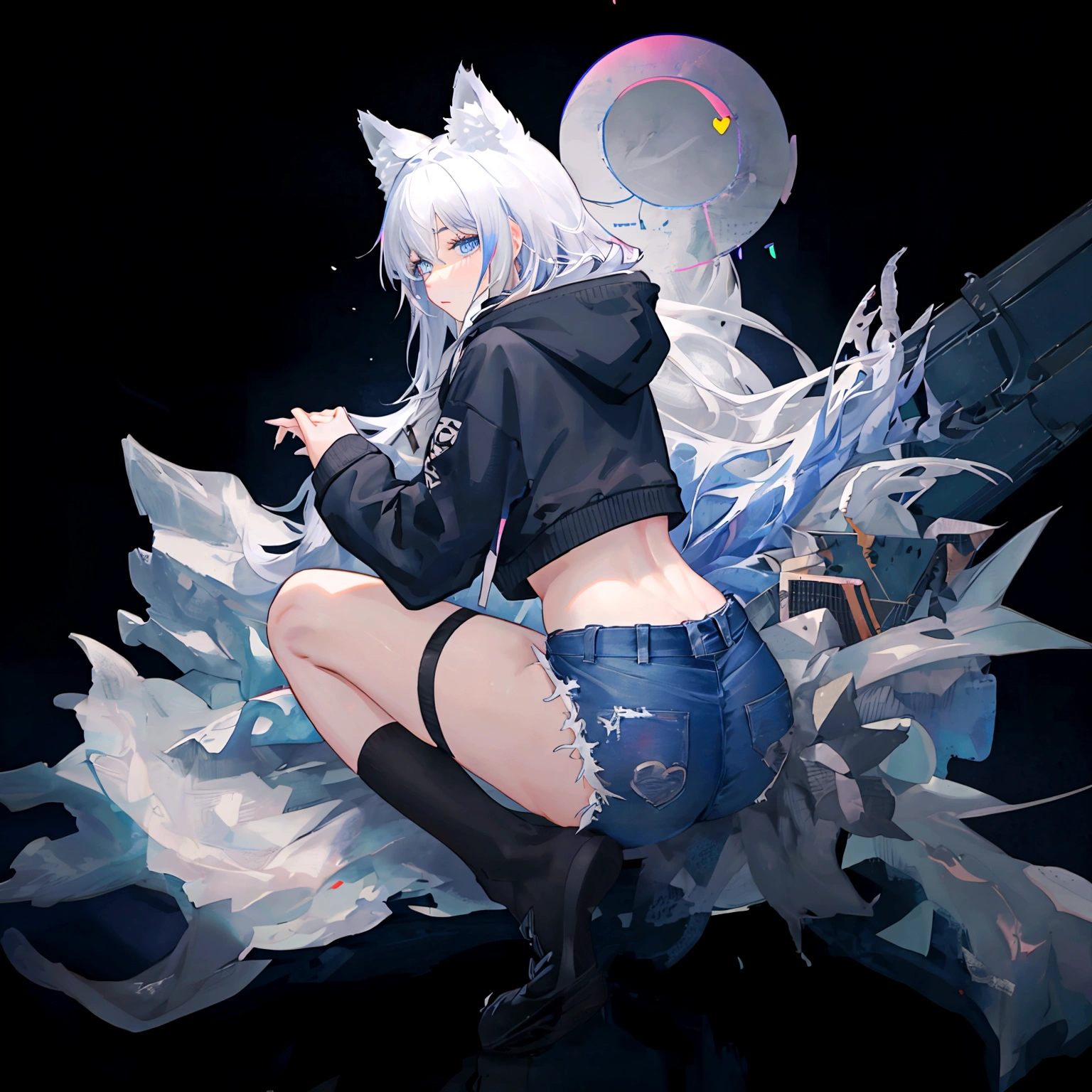 a cute adult male with wolf ears, long white hair, long locks, has a wolf tail, wearing a loose cropped oversized black hoodie, wearing a pair of denim short shorts and fishnet stockings, thick thighs, wide hips, relaxing on mound of fluffy multi colored kawaii plushies, short, very slim, showing slender tummy, heart on hoodie, squishy thighs, has glowing blue eyes. alone, solo (ALONE)(SOLO), surrounded by rainbows, colorful galaxy backround, turned around, shot from the back, big juicy butt, has a wedgie, in a breeding pose