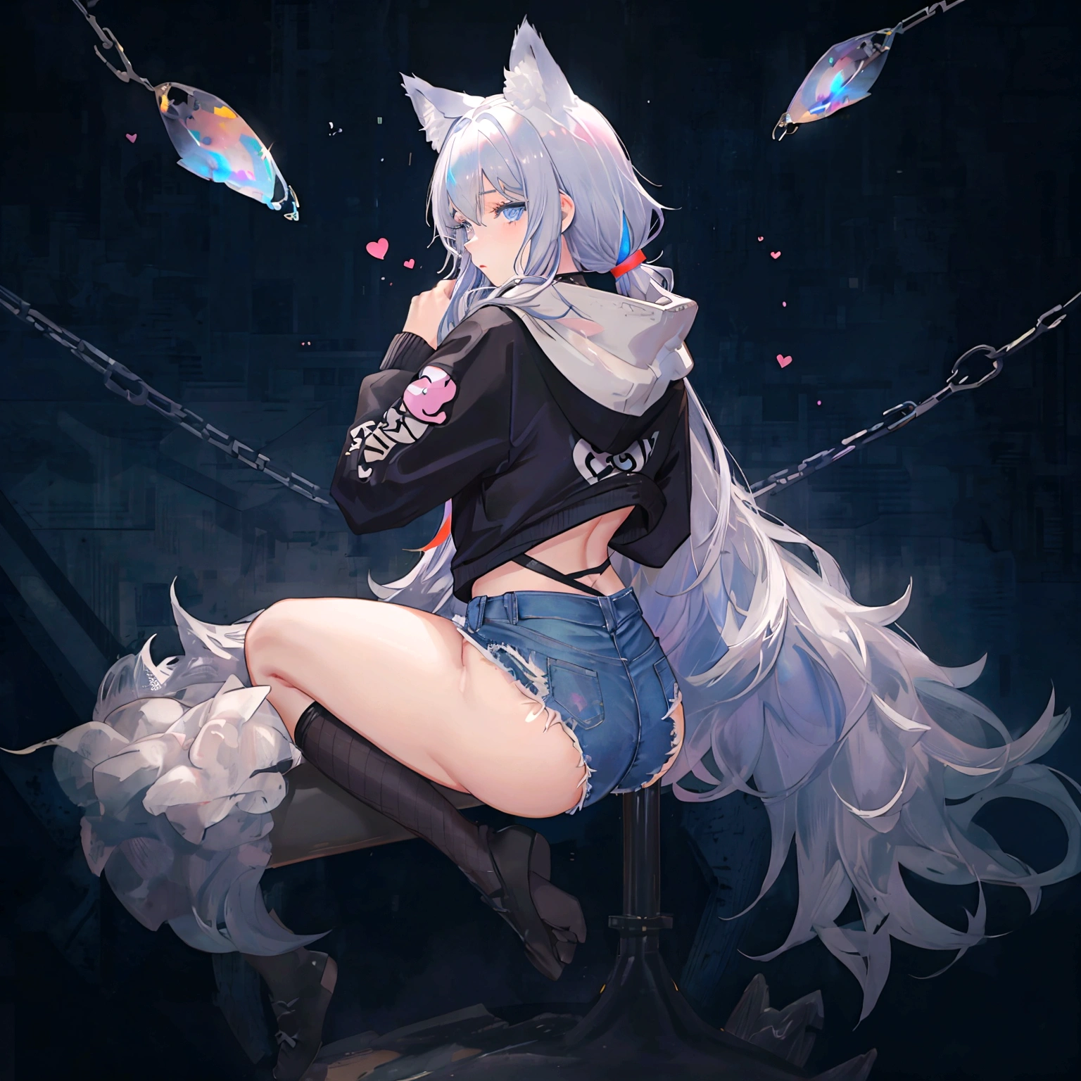 a cute adult male with wolf ears, long white hair, long locks, has a wolf tail, wearing a loose cropped oversized black hoodie, wearing a pair of denim short shorts and fishnet stockings, thick thighs, wide hips, relaxing on mound of fluffy multi colored kawaii plushies, short, very slim, showing slender tummy, heart on hoodie, squishy thighs, has glowing blue eyes. alone, solo (ALONE)(SOLO), surrounded by rainbows, colorful galaxy backround, turned around, shot from the back, big juicy butt, has a wedgie, in a breeding pose
