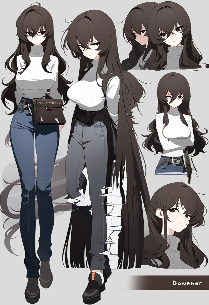 One Woman,Downer,older sister,Concept Art,Dark brown hair,Straight hair with slight inward curls,Staring eyes,Eye Ridge,black eye,Crossed bangs,whole body,smile,Larger breasts,Gray background,Bangs that reach down to the eyes,Messy hair,Perfect dark jeans,White turtleneck sweater,Multiple views of the same character,Character Design,Dark circles under the eyes,Bad look,Listless,Sloppy,accessories,Arknights Wind,Cafe staff,Holding a cigarette,whole bodyCharacter Design,cardigan,