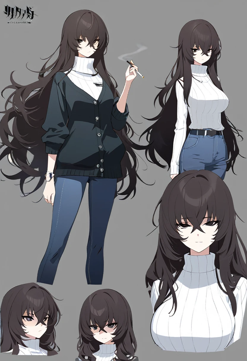 One Woman,Downer,older sister,Concept Art,Dark brown hair,Straight hair with slight inward curls,Staring eyes,Eye Ridge,black eye,Crossed bangs,whole body,smile,Larger breasts,Gray background,Bangs that reach down to the eyes,Messy hair,Perfect dark jeans,White turtleneck sweater,Multiple views of the same character,Character Design,Dark circles under the eyes,Bad look,Listless,Sloppy,accessories,Arknights Wind,Cafe staff,Holding a cigarette,whole bodyCharacter Design,cardigan,