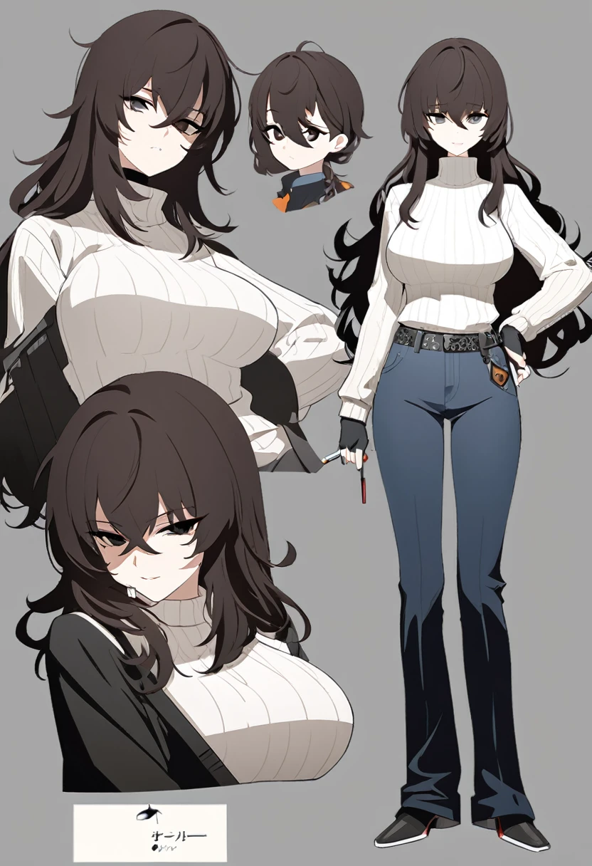 One Woman,Downer,older sister,Concept Art,Dark brown hair,Straight hair with slight inward curls,Staring eyes,Eye Ridge,black eye,Crossed bangs,whole body,smile,Larger breasts,Gray background,Bangs that reach down to the eyes,Messy hair,Perfect dark jeans,White turtleneck sweater,Multiple views of the same character,Character Design,Dark circles under the eyes,Bad look,Listless,Sloppy,accessories,Arknights Wind,Cafe staff,Holding a cigarette,whole bodyCharacter Design,cardigan,