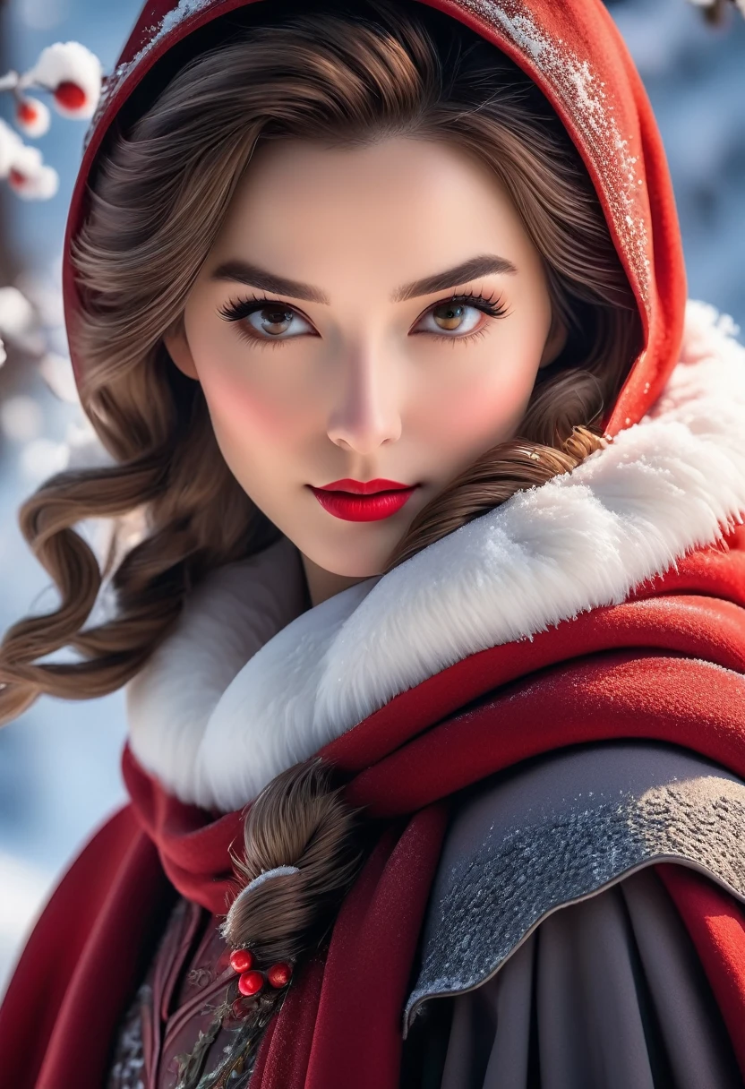 Close-up portrait shooting, Canon eos r 6 shot, (Realistic facial details), Complex and meticulous, Very high detail, Realistic photos, 8K, Ultra HD, Ultra Detailed, (Dynamic poses:1.4),Snowland:In the snow,A woman in a red cloak,Snow boots,Holding red plum,A resolute yet gentle expression,Behind is the snow-capped mountains,The sky is glowing with light,Like a fairy from the snowy land descending to earth。