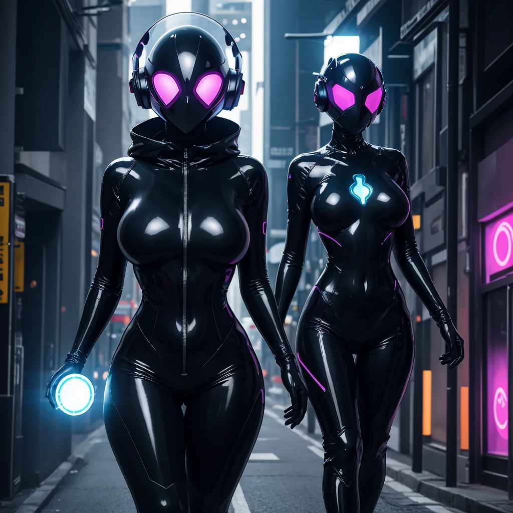 Dronificated unknown woman in a fully enclosed black latex fullbody suit with black lights across the suit and heart shaped glowing core in the chest, fully enclosed cyber helmet that cover her whole face and hides her identity with only two glowing black lines in it's otherwise, empty black face, huge breast, narrow waist, wide hips and thick thigs, walking down a street, no face, no hair, no mouth, no eyes