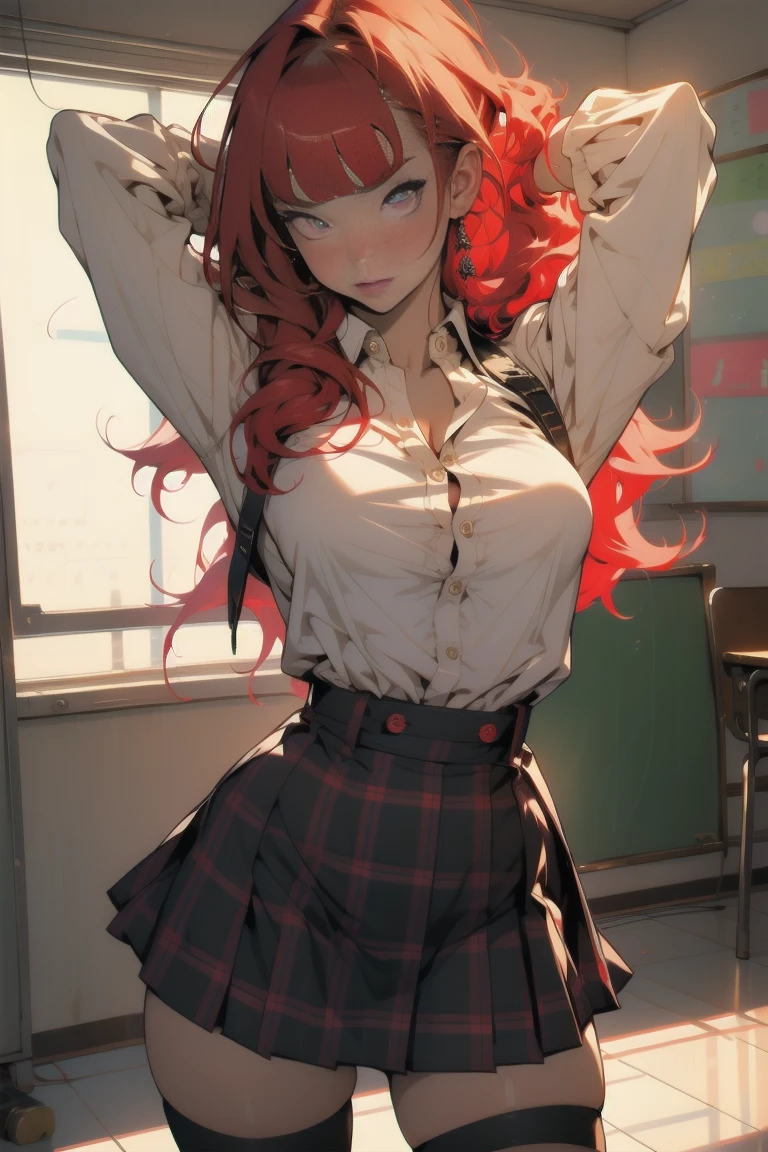 ((Best quality)), ((perfect masterpiece)), (detailed: 1.4), (Absurd), , (nsfw: 1.06), 1girl, solo, accentuated super huge enormously gigantic breasts, looking at viewer, (long neon red hair, bangs, beautiful eyes, neon red hair:1.2), white thigh high socks, sexy, seductive, (lying), closed mouth, mini thong, unbuttoned school girl uniform and lifted plaid school girl skirt, full body , micro mini lace bra showing, perfect cameltoe showing, indoors, spread legs open, cleavage and underboob showing, glossy lips, mini thong showing, pubic hair showing, school classroom, realistic, horny, on the floor, sex appeal, cute, photo taken from above, (unbuttoned school girl uniform and lifted plaid school girl skirt, armpit bottom, mini thong showing, horny facial expression, very sexy, sexy seductive slutty pose, full body, legs spread open)