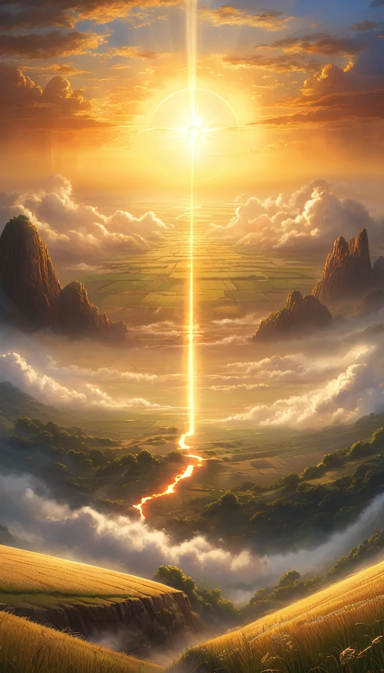 high quality, masterpiece, extreme detail, highly detailed, best quality, 
gigantic radiant holy sun surrounded by clouds, dawn, the last (sunrise:1.2) illuminating a shaded valley, plains, field, black, white, golden, black fog, focus on sky,
semi-realistic,