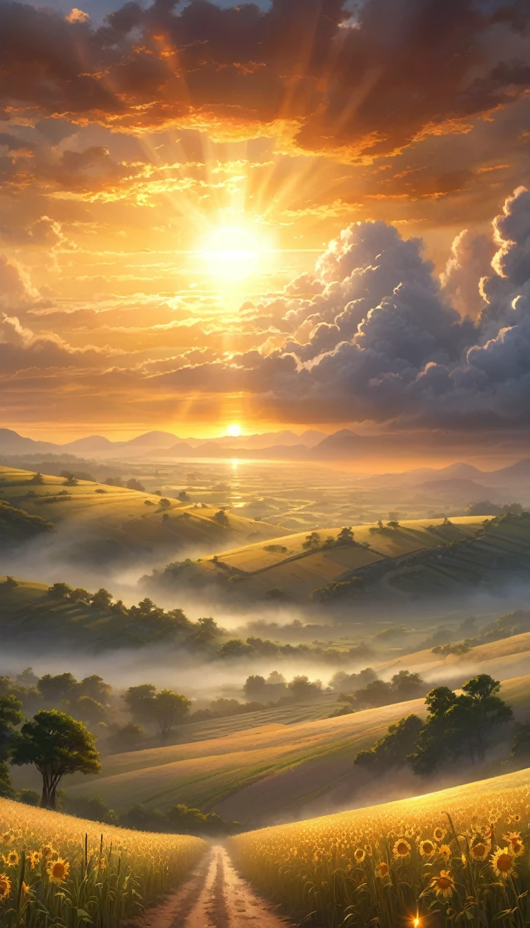 high quality, masterpiece, extreme detail, highly detailed, best quality, 
gigantic radiant holy sun surrounded by clouds, dawn, the last (sunrise:1.2) illuminating a shaded valley, plains, field, black, white, golden, black fog, focus on sky,
semi-realistic,