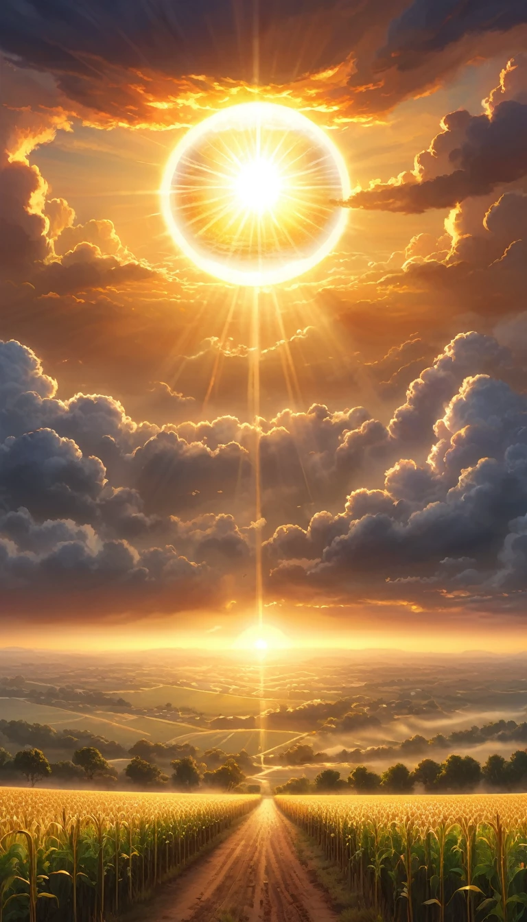 high quality, masterpiece, extreme detail, highly detailed, best quality,
gigantic radiant holy sun surrounded by clouds, dawn, the last (sunrise:1.2) illuminating a shaded valley, plains, field, black, white, golden, black fog, focus on sky,
semi-realistic,