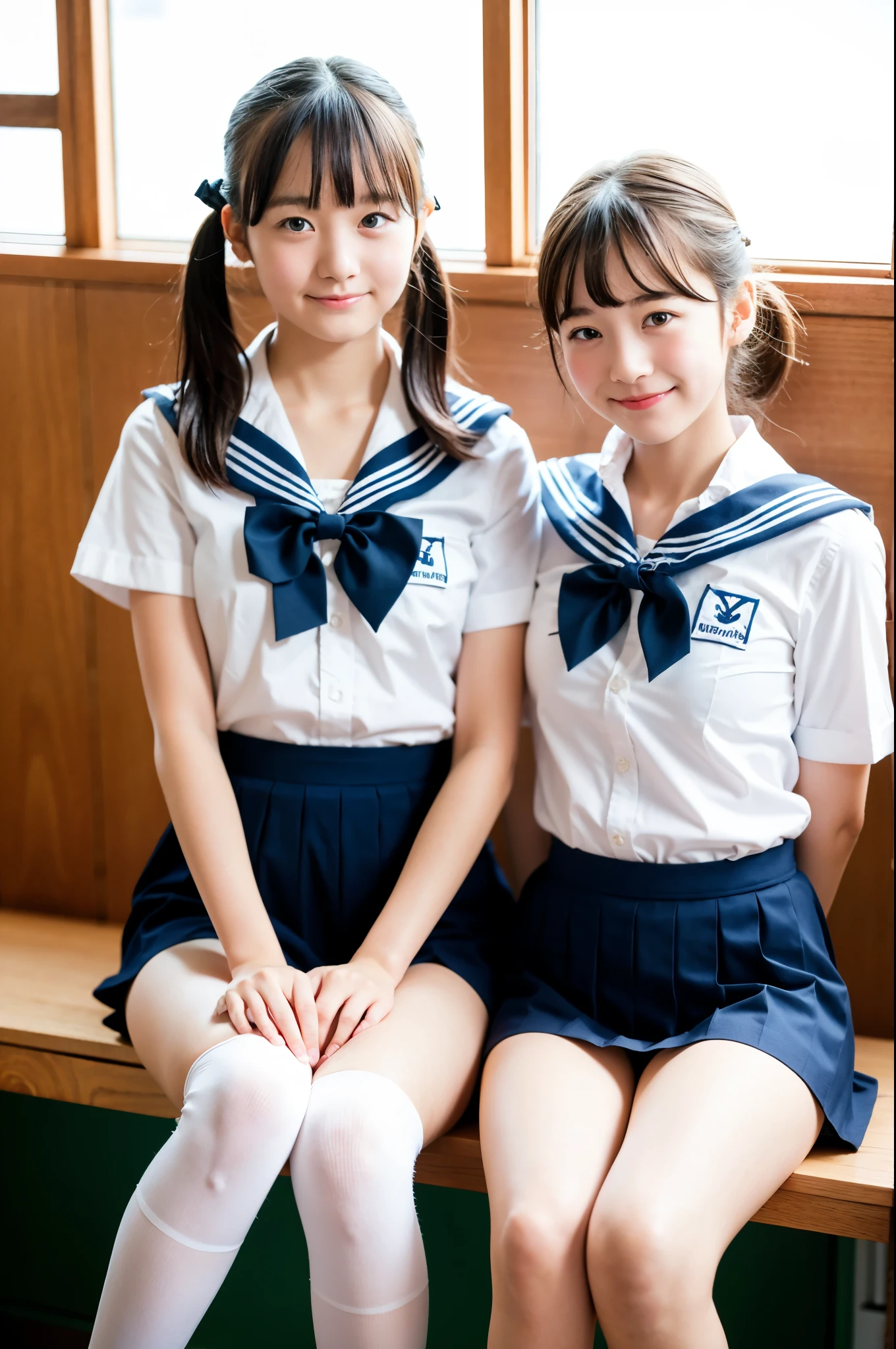 2 girls sitting on desk in wooden school classroom,white shirt with sailor collar,white speedo briefs,navy blue socks,pink plaid bow tie,18-year-old,bangs,a little smile,thighs,knees,wet short hair with low pigtails,from before,front light