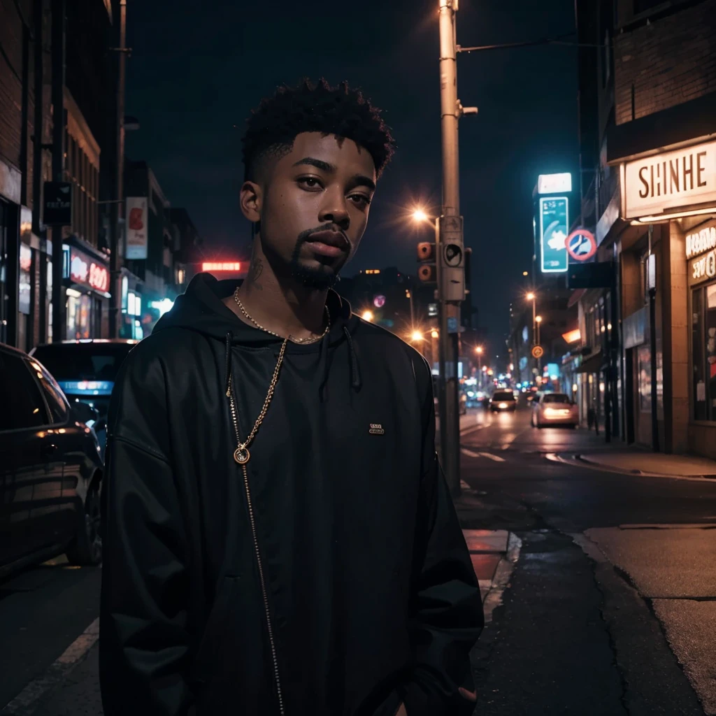 dark and street themed, written "sonder", Brent Faiyaz, making him more similar to brent faiyaz