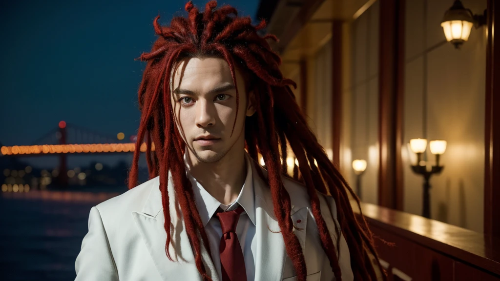 Character boy, Red Medium Dreadlocks hair, Light green eye, wearing white suit, night city, high res, ultarsharp, 8K, masterpiece, looking for behind