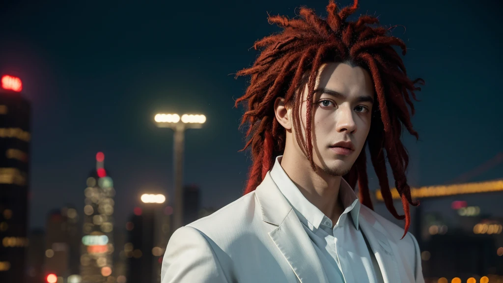 Character boy, Red Medium Dreadlocks hair, Light green eye, wearing white suit, night city, high res, ultarsharp, 8K, masterpiece, looking for behind