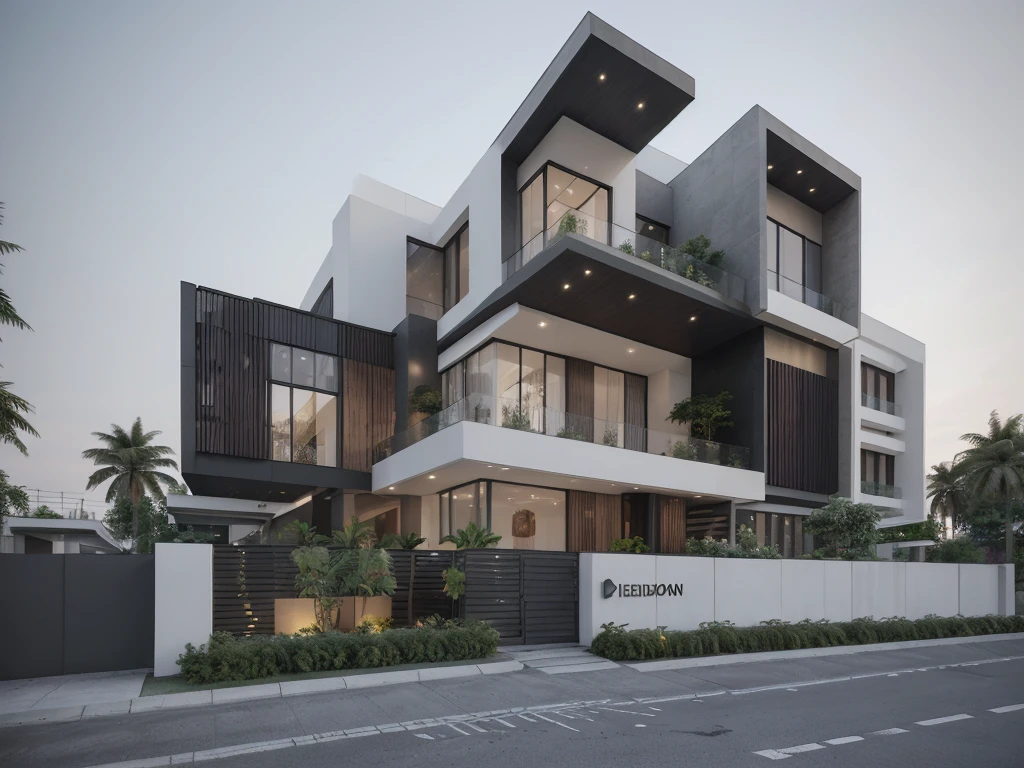 [modern Office house with a courtyard and 03 floors], high quality rendering, award-winning render, award winning render, Lumion render, professional render, architectural render, render to resolute perfection, exterior design, architectural visualization, architecture render, modern architecture design, inter dimensional villa, architectural 3d render, realistic CGI render, black and white color, dark color, wide 20m, deep 18m, heigh 11,5m, ([03 floors]), IOS 1600