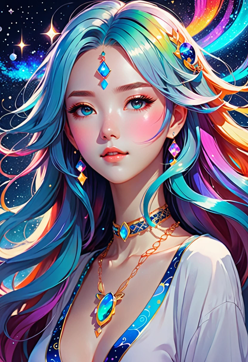 Close-up of a woman with rich and colorful hair and necklace, Anime girl with cosmic long hair, The soft vibrancy of Rossdraws, Gouviz-style artwork, Fantasy art style, rich and colorful], Vibrant fantasy style, Rossdraws Vibrant cartoons, cosmic and rich and colorful, guweiz, rich and colorful digital fantasy art, Stunning art style, Beautiful anime style, White skin, pajamas,