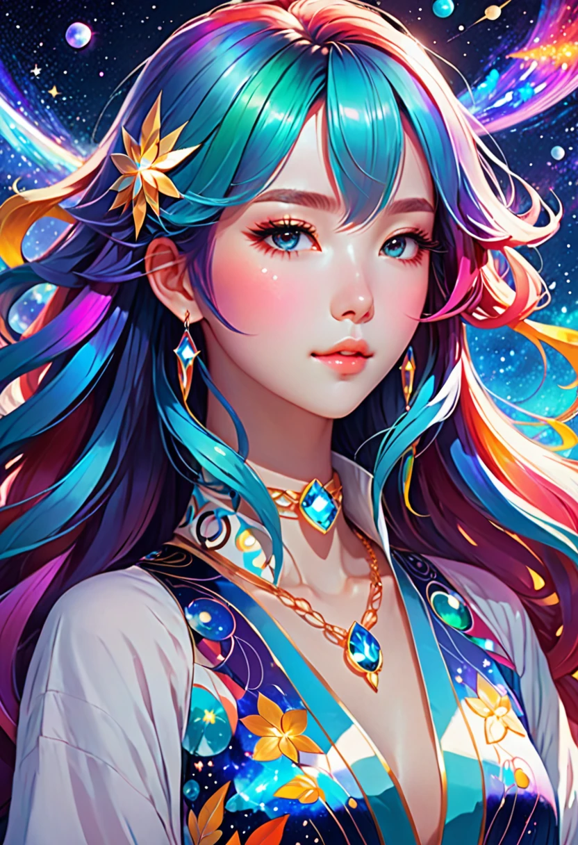 Close-up of a woman with rich and colorful hair and necklace, Anime girl with cosmic long hair, The soft vibrancy of Rossdraws, Gouviz-style artwork, Fantasy art style, rich and colorful], Vibrant fantasy style, Rossdraws Vibrant cartoons, cosmic and rich and colorful, guweiz, rich and colorful digital fantasy art, Stunning art style, Beautiful anime style, White skin, pajamas,