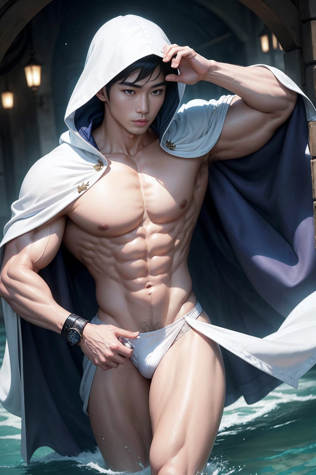 realistic, masterpiece, intricate details, detailed background, depth of field, muscular, Photo of a handsome Korean magician, (Young Korean man looking like a K-pop idol), 25 years old, (white and short hair), voluptuous crotch, water spell, sorcerer, wearing a long hooded cloak, sexy muscular, wearing a thong, pectoral focus, watermaniac, white skin, pale
