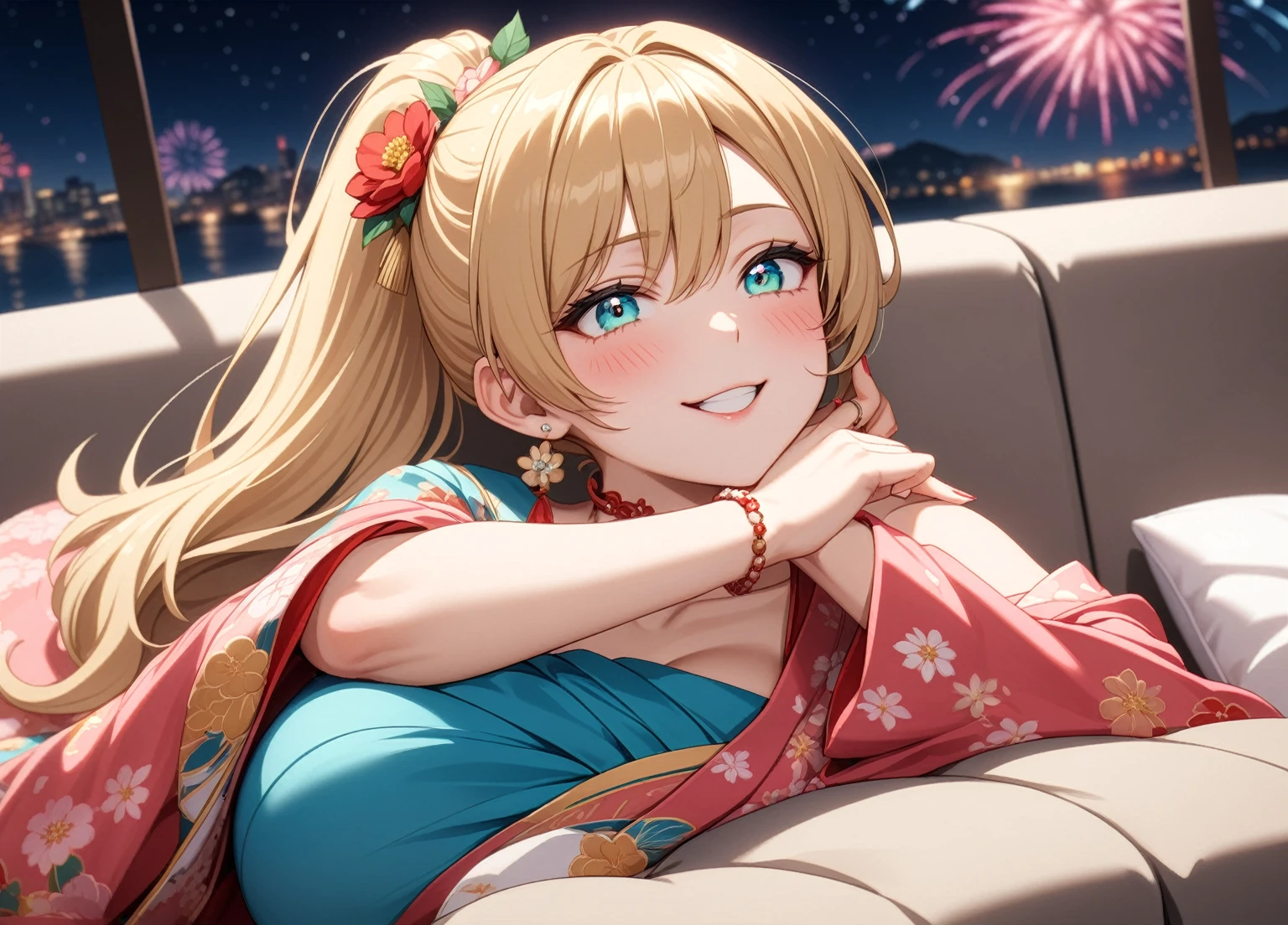 ((one personの女性)), Beautiful Face, Laughing embarrassedly,((Wink:2.0)),((a woman in a sexy pose. She is lying on a sofa,supporting her head with one hand while the other hand is sensually running along her body. Her expression is seductive)),Laughing with your mouth open,((Red cheeks:1.4)),Glossy pink lips,night,rooftop,Festive decorations,You can see the ocean, firework,((Anime style background)),masterpiece, highest quality, so beautiful, Latest, Complex details, (Pink long nails),(ring),(flower bracelet),Floral choker,AI-generated, Complex,High resolution, highest quality, super high quality,3D Images、View your viewers、3D Images,one person,Long Blonde Hair,High Ponytail,Turquoise Eyes,Anime woman posing for a photo, (Fine grain,Colorful eyes,Shining Eyes:1.5),(Squint your eyes:1.1),a hyperRealistic , hyperRealistic , Realistic,Blonde anime woman with long hair, Smooth anime CG art, A woman in a colorful kimono with gold embroidery, (Pink kimono),Red floral pattern,Long flower hair ornament,Large floral earrings,(ring),(Big Breasts:1.1),Mature Body,Tall,Big Ass,Narrow waist,Abdominal muscles,(Zoom in on face:1.1),Lying down