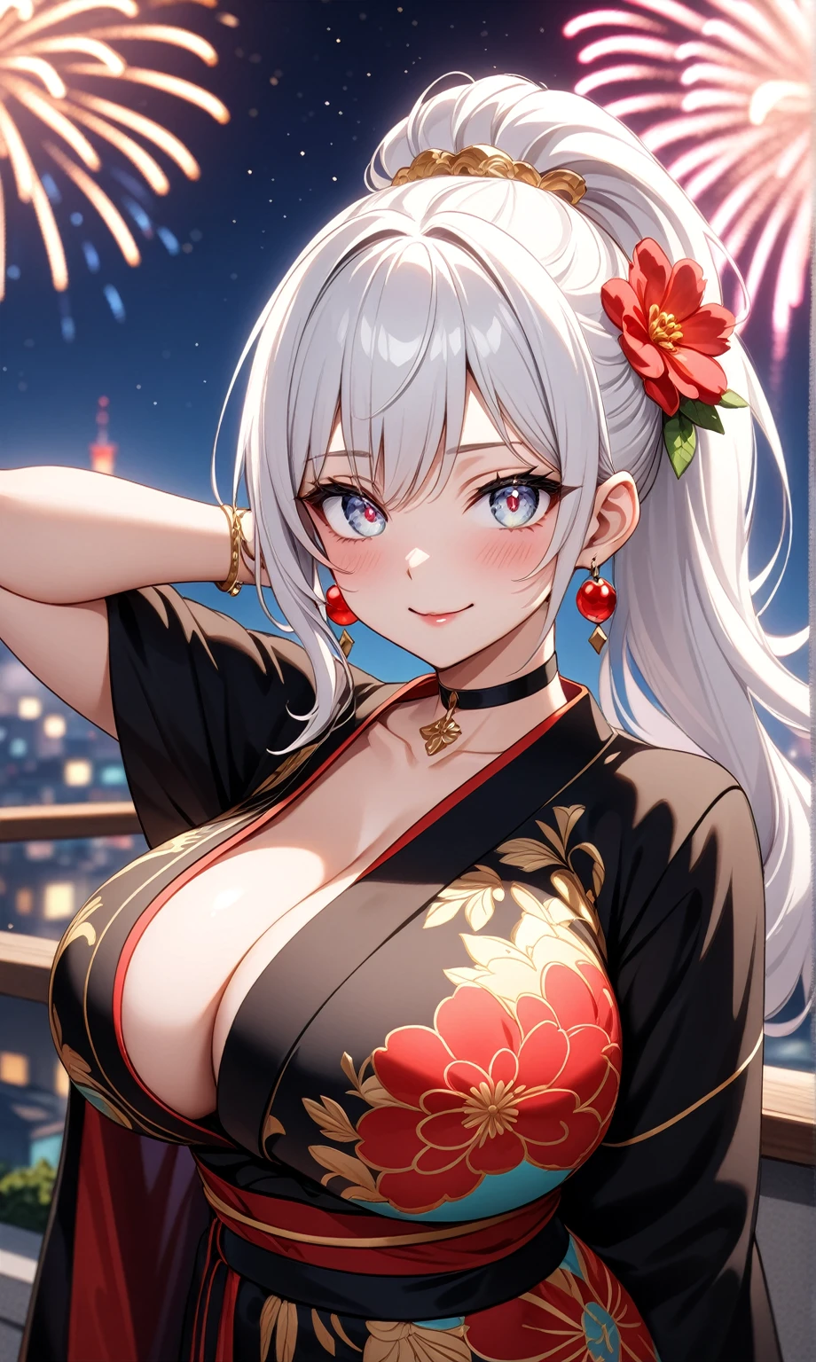 ((one personの女性)), Beautiful Face,((Wink:1.0)),((Put your hands behind your head:1.1)),(Bright red cheeks:1.4),Laughing embarrassedly,Laughing with your mouth open,Glossy pink lips,Lighting on the face,night,rooftop,night景,Colorful fireworks,((Anime style background)),masterpiece, highest quality, so beautiful, Latest, Complex details, (Pink long nails),(ring),(bracelet),(choker),AI-generated, Complex,High resolution, highest quality, super high quality,3D Images、View your viewers、3D Images,one person,Long white hair,High Ponytail,(blue eyes),Anime woman posing for a photo, ((Fine grain、Silvery white colorful eyes、Shining Eyes:1.2)),(Squint your eyes:1.1),a hyperRealistic , hyperRealistic , Realistic,Anime woman with long and white hair, Smooth anime CG art, A woman in a colorful kimono with gold embroidery, (Black kimono),Red floral pattern,Long flower hair ornament,Big earrings,Mature Body,(Big Breasts:1.2),Tall,Abdominal muscles,Narrow waist,(Zoom in on face:1.3),Shooting from an angle