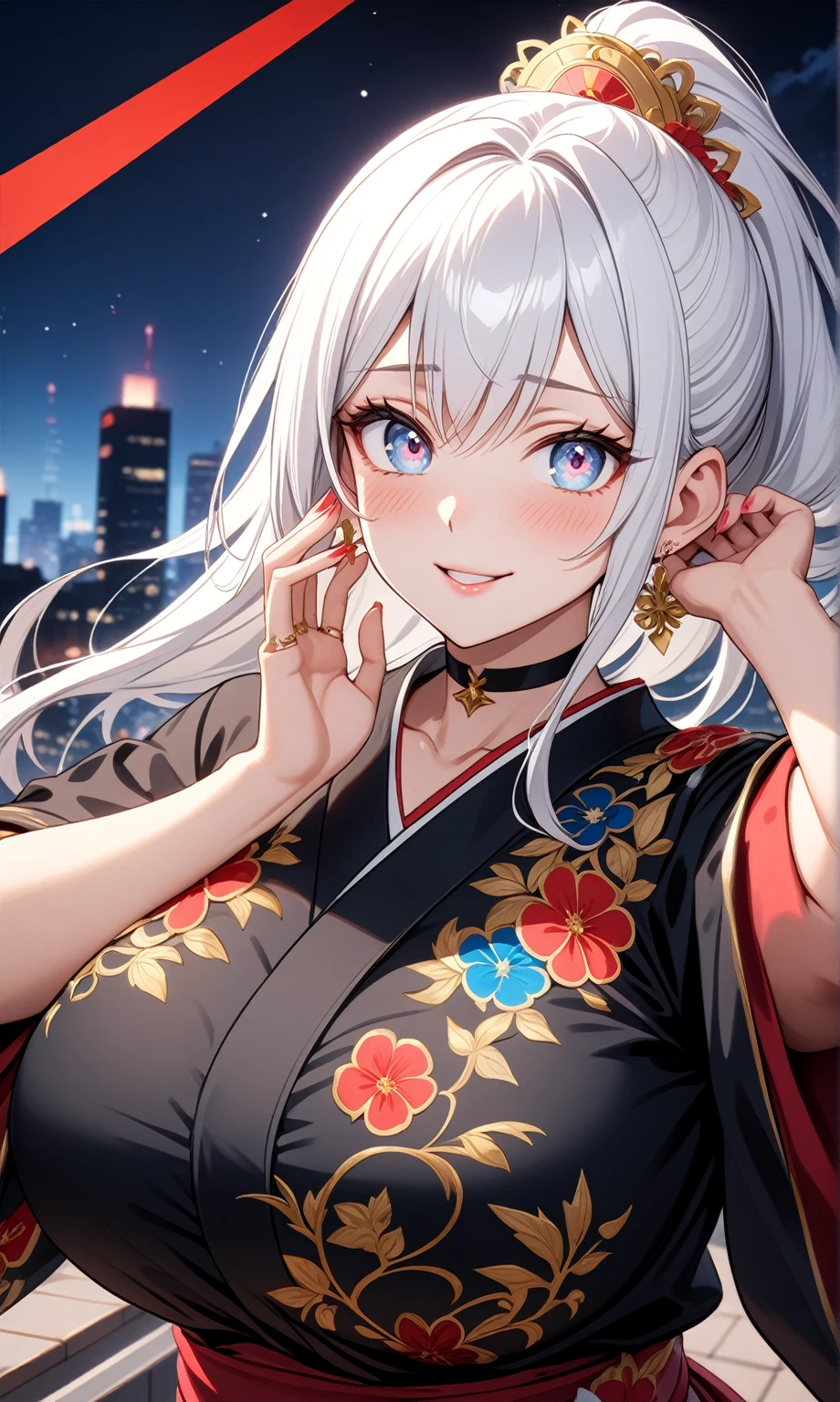 ((one personの女性)), Beautiful Face,((Wink:1.0)),((Put your hands behind your head:1.1)),(Bright red cheeks:1.4),Laughing embarrassedly,Laughing with your mouth open,Glossy pink lips,Lighting on the face,night,rooftop,night景,Colorful fireworks,((Anime style background)),masterpiece, highest quality, so beautiful, Latest, Complex details, (Pink long nails),(ring),(bracelet),(choker),AI-generated, Complex,High resolution, highest quality, super high quality,3D Images、View your viewers、3D Images,one person,Long white hair,High Ponytail,(blue eyes),Anime woman posing for a photo, ((Fine grain、Silvery white colorful eyes、Shining Eyes:1.2)),(Squint your eyes:1.1),a hyperRealistic , hyperRealistic , Realistic,Anime woman with long and white hair, Smooth anime CG art, A woman in a colorful kimono with gold embroidery, (Black kimono),Red floral pattern,Long flower hair ornament,Big earrings,Mature Body,(Big Breasts:1.2),Tall,Abdominal muscles,Narrow waist,(Zoom in on face:1.3),Shooting from an angle