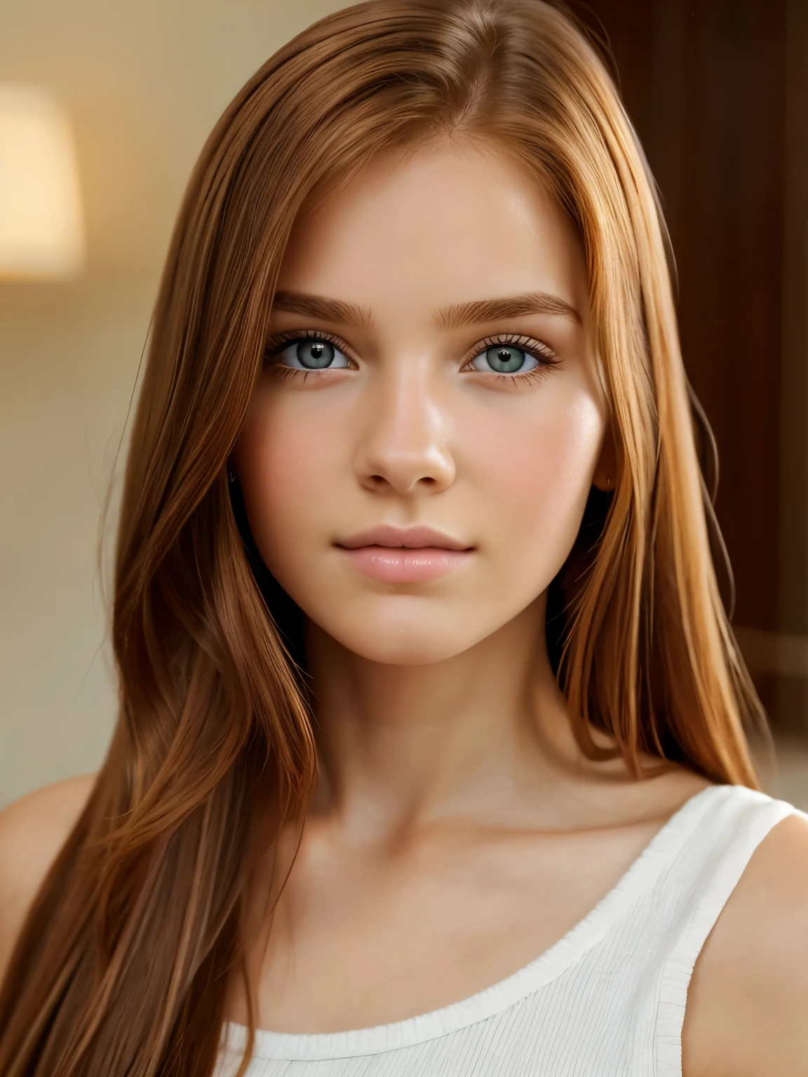 close-up portrait, pretty girl, long hair, copper hair, hazel eyes, white skin color, age 18, 8k photo quality, as realistic as possible, in a living room, beautiful