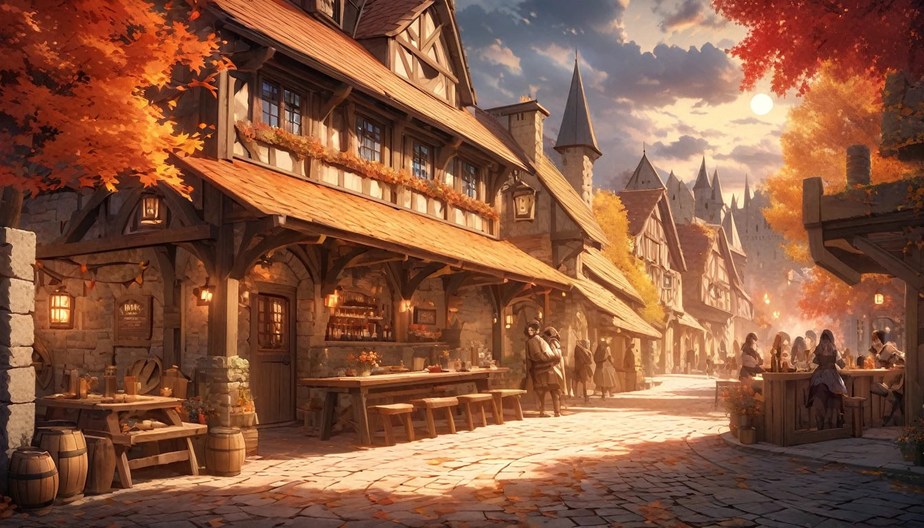 masterpiece, 最high quality, high quality, Very detailed CG 8k wallpaper unit, landscape, Outdoor, Line up, Medieval Tavern, autumn sky, Autumn evening, Autumn and Winter, cloudy day, The big moon shines, Award-winning photography, Depth of written boundary, High Dynamic Range, Flowers, squirt, real, Very detailed, Complex, High detail, dramatic, Art to enjoy on the go,  Art Station Trends, Social trends in CG, Color Difference.