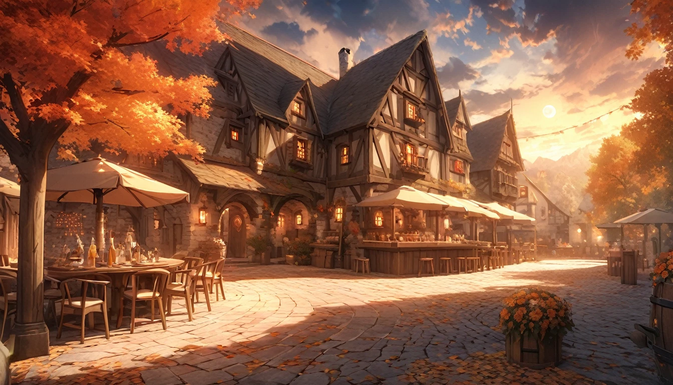 masterpiece, 最high quality, high quality, Very detailed CG 8k wallpaper unit, landscape, Outdoor, Line up, Medieval Tavern, autumn sky, Autumn evening, Autumn and Winter, cloudy day, The big moon shines, Award-winning photography, Depth of written boundary, High Dynamic Range, Flowers, squirt, real, Very detailed, Complex, High detail, dramatic, Art to enjoy on the go,  Art Station Trends, Social trends in CG, Color Difference.