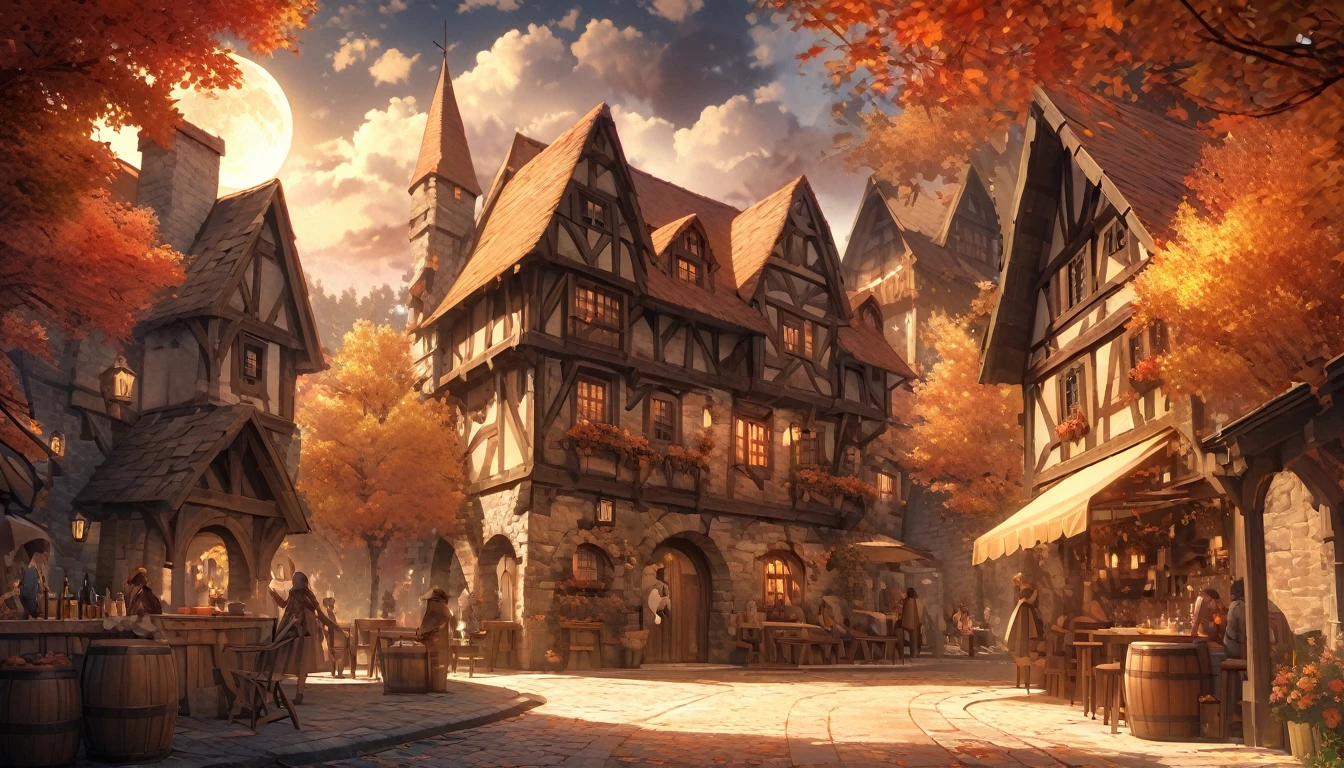 masterpiece, 最high quality, high quality, Very detailed CG 8k wallpaper unit, landscape, Outdoor, Line up, Medieval Tavern, autumn sky, Autumn evening, Autumn and Winter, cloudy day, The big moon shines, Award-winning photography, Depth of written boundary, High Dynamic Range, Flowers, squirt, real, Very detailed, Complex, High detail, dramatic, Art to enjoy on the go,  Art Station Trends, Social trends in CG, Color Difference.