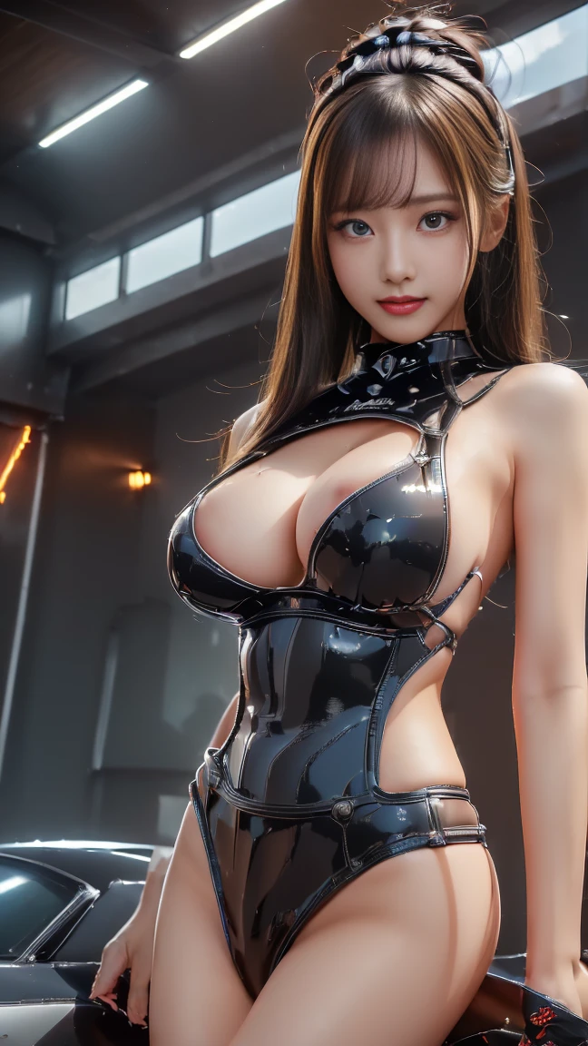 (((masterpiece，highest quality，Ultra-high resolution)))，(((極めてdetailed，超detailed，detailed)))，(((highest quality，8k，16k，super high quality)))，((Japanese，One Girl，Idol))，(Big Breasts，H Cup，Tight waist，Tight ass，length, Thin legs)，((Race queens captivate the audience with sexy poses in front of racing cars on the special stage at the car show))，(Giant screen，Gorgeous Lighting，Effects of dry ice，Light)，Looking into the camera，smile，Seductive gestures，