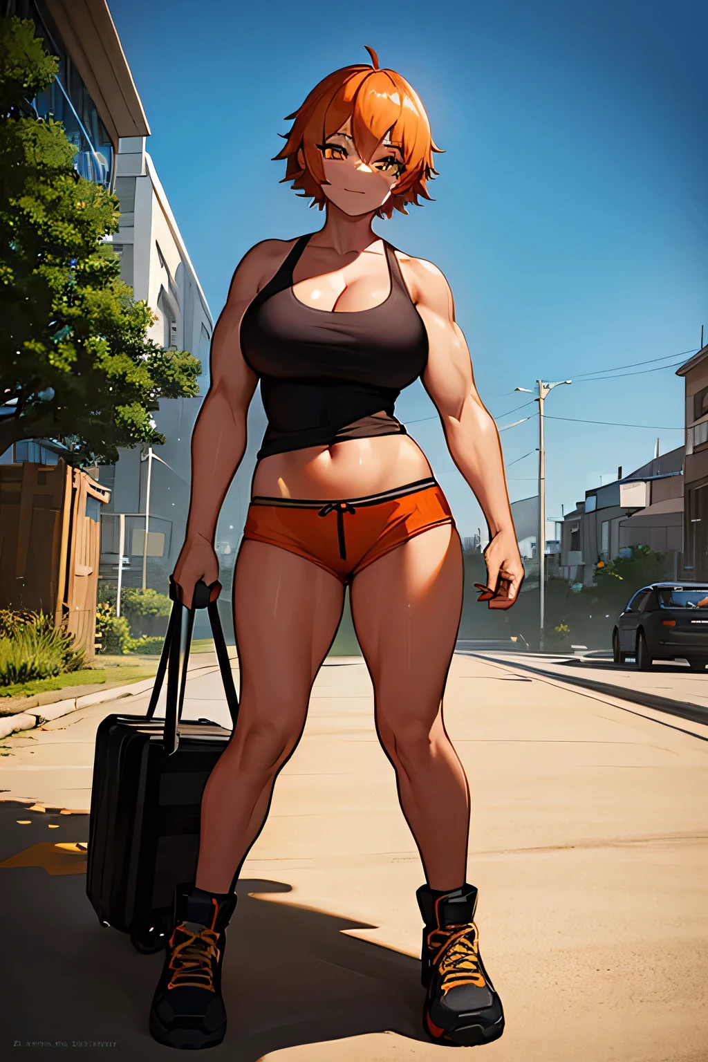 1girl, short orange hair, black-green eyes, tank top orange, blue shorts, black footwear, deep cleavage, large breasts, outside, sunny day, realistic, glowing eyes, full body, navel, muscular girl, thigh, 18th years old, big muscle, smile, city