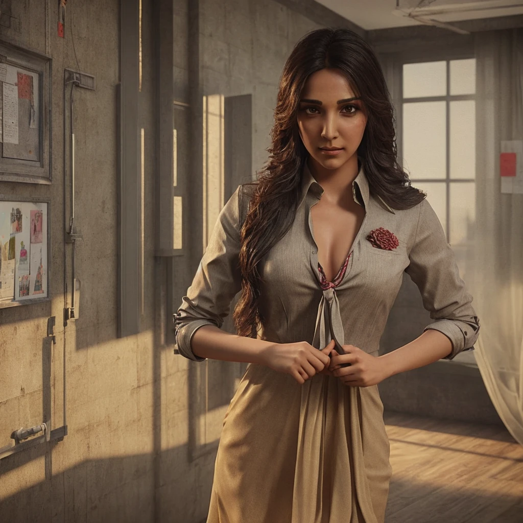 a women kiara wearing a tie, cupcake in her hands, school, indoors, (soothing tones:1.25), (hdr:1.25), (artstation:1.2), dramatic, (intricate details:1.14), (hyperrealistic 3d render: