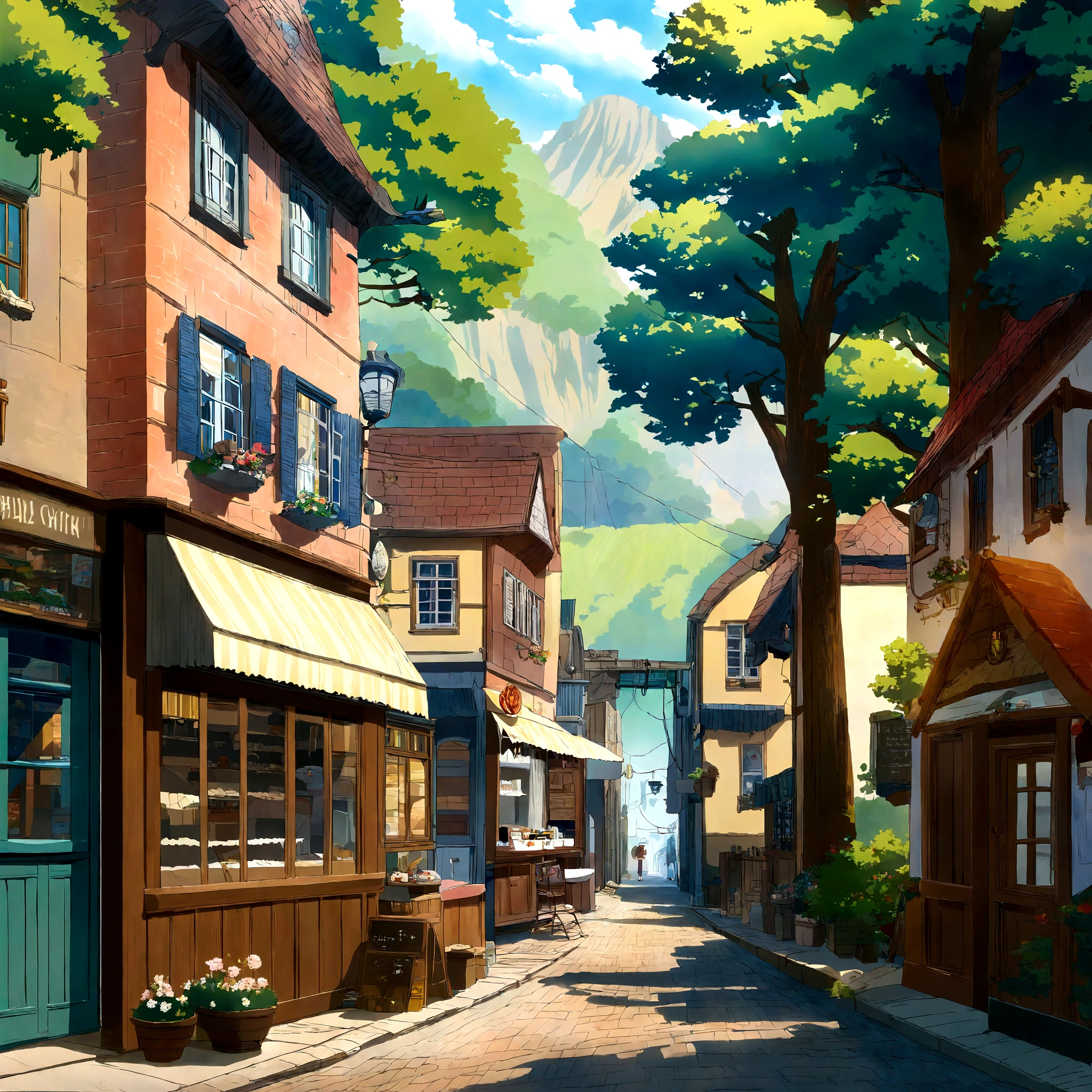 Anime - city street style scene, Woman waiting in front of store, Anime Background Art, Detailed Landscape - Width 672, Anime scenery concept art, Anime-style streetscape, Studio Ghibli Anime Style, Studio Ghibli art style, Studio Ghibli Program, Anime scenery, Studio Ghibli art style, Landscape painting, Beautiful Anime scenery, Forest Street, Ghibli art style, Cake shop, Cake shop, bakery Cake shop, Makoto Shinkai style, Makoto Shinkai anime, Makoto Shinkai&#39;s art style