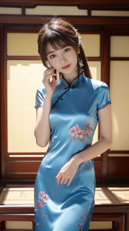 looking viewer, Holding a Japanese cat. Japanese girl , 16 year old ,(middle hair, brown hair, fringe, little smiling),(middle breasts, slender whist, middle hip, public hair) ,(((silk blue Chinese Cheongsam dress with a high collar for women, flower pattern))),traditional Chinese shoes
, standing, front view, down sun lighting (masterpiece, highest quality, Very detailed, Ultra-high resolution, (photopractical:1.4), Original photo, (practical:0.2), 8K HDR,)