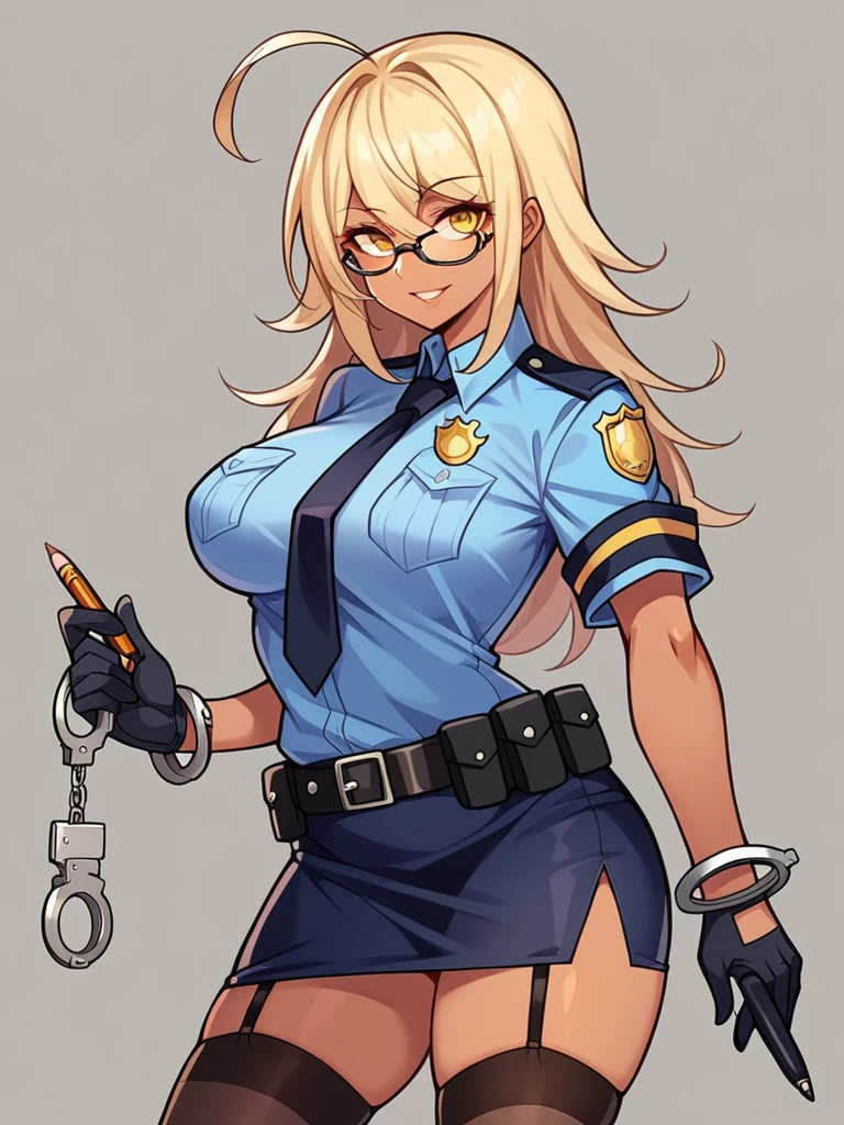 1girl, police, police_uniform, uniform, skirt, breasts, dark_skin, solo, thighhighs, glasses, blonde_hair, necktie, cuffs, policewoman, garter_straps, dark-skinned_female, gloves, long_hair, ahoge, shirt, handcuffs, belt, hand_on_hip, large_breasts, one_eye_closed, semi-rimless_eyewear, black_gloves, underwear, black-framed_eyewear, blue_shirt, breast_pocket, mechanical_hands, pocket, smile, white_background, black_thighhighs, panties, black_belt, collared_shirt, black_skirt, ass_visible_through_thighs, armband, swept_bangs, holding, pencil_skirt, looking_at_viewer, pantyshot, bangs, miniskirt, black_panties, yellow_eyes, rectangular_eyewear, short_sleeves, parted_lips, very_long_hair, simple_background, under-rim_eyewear, lace-trimmed_legwear, thighs, alternate_costume