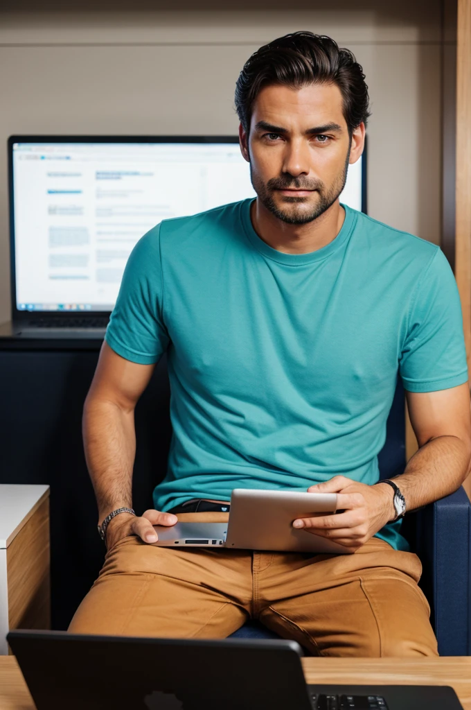 A man sat behind a laptop