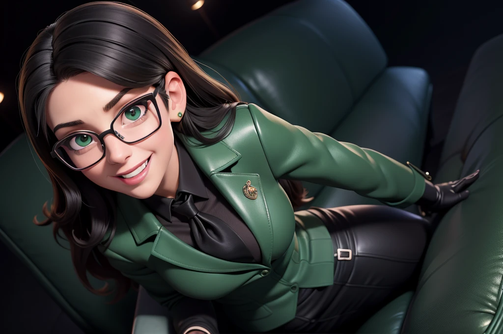 obra prima, melhor qualidade, (lauren boebert 70yo) big side smile, open mouth, eye winking, black medium length hair, black plastic glasses, pilot outfit, business blouse, necktie, (shiny bright green leather,) studs zippers, shiny leather gloves, body is skinny, laying back against couch cushion, arched back, grabbing cupping, overhead camera view, looking down at me, shallow depth of field, highres, HD, 8k, anatomically correct
