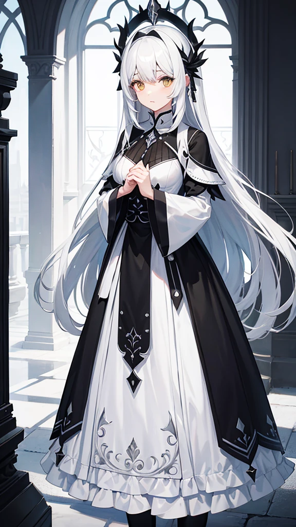 Albedo caminando vestido blanco con ventilacion en las caderas cabello negro cuernos blancos alas negras en las cadera el fondo un castillo