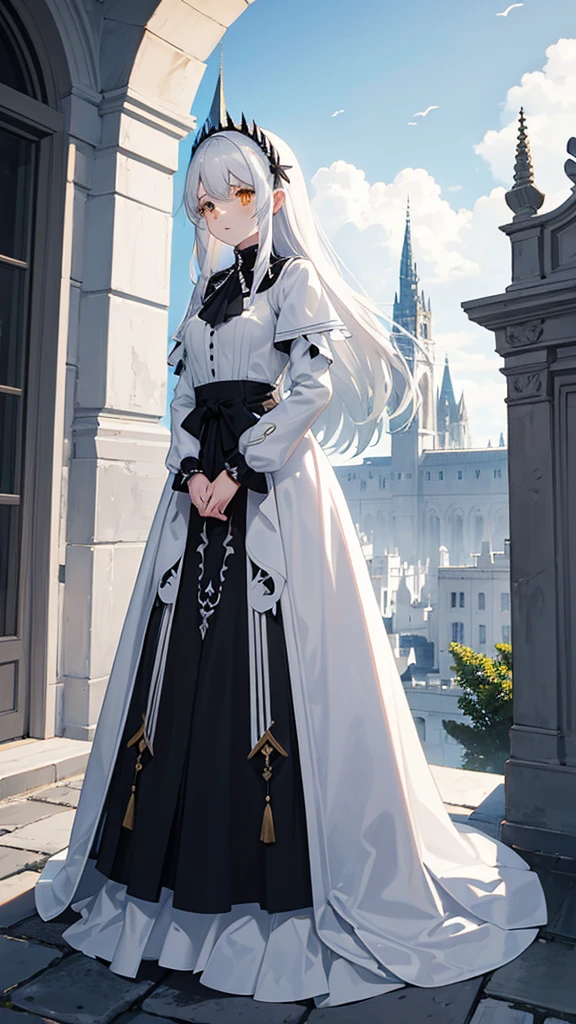 Albedo caminando vestido blanco con ventilacion en las caderas cabello negro cuernos blancos alas negras en las cadera el fondo un castillo