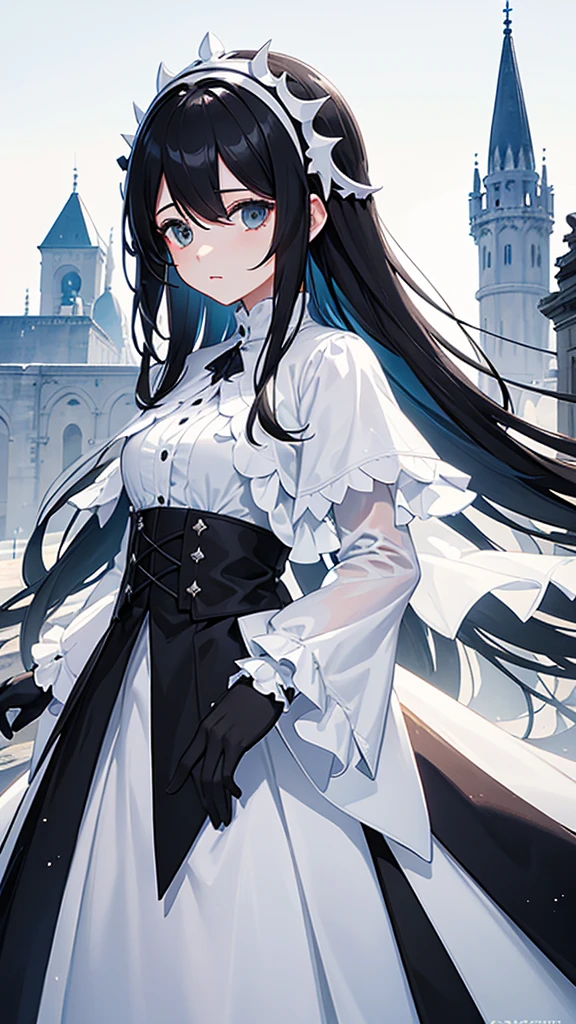 Albedo caminando vestido blanco con ventilacion en las caderas cabello negro cuernos blancos alas negras en las cadera el fondo un castillo