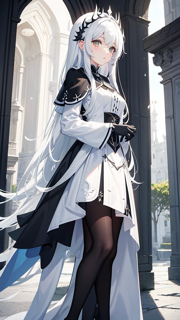Albedo caminando vestido blanco con ventilacion en las caderas cabello negro cuernos blancos alas negras en las cadera el fondo un castillo