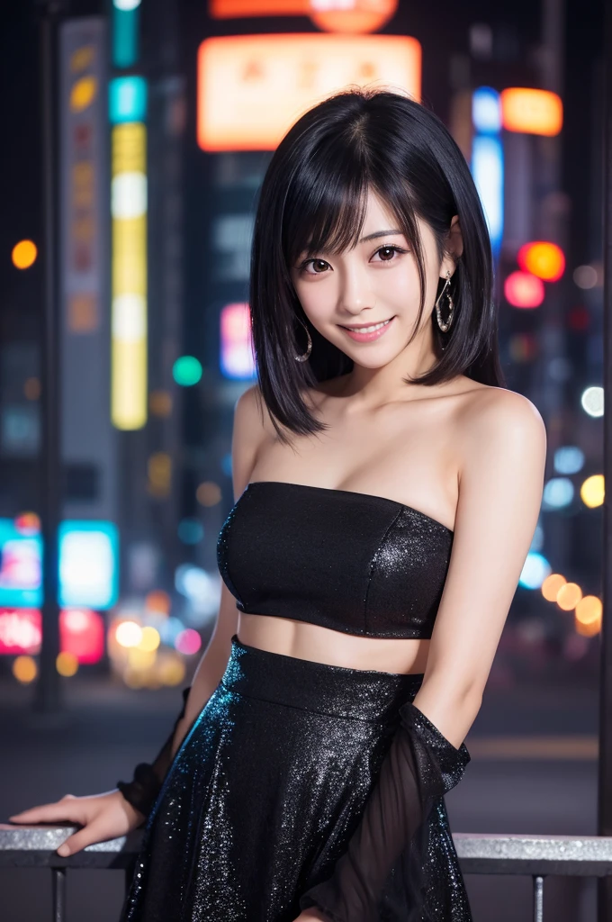 最high quality,Very detailed,finely,High resolution,8k wallpaper,Perfect dynamic composition,Young Japanese Woman,Age 25, Black Hair, thin, 4K, 8k, high quality, beauty, smile, Beautiful Eyes, Characterized by simplicity, High resolution,1 person,Japanese Idols,Urban Background,A glittering night view