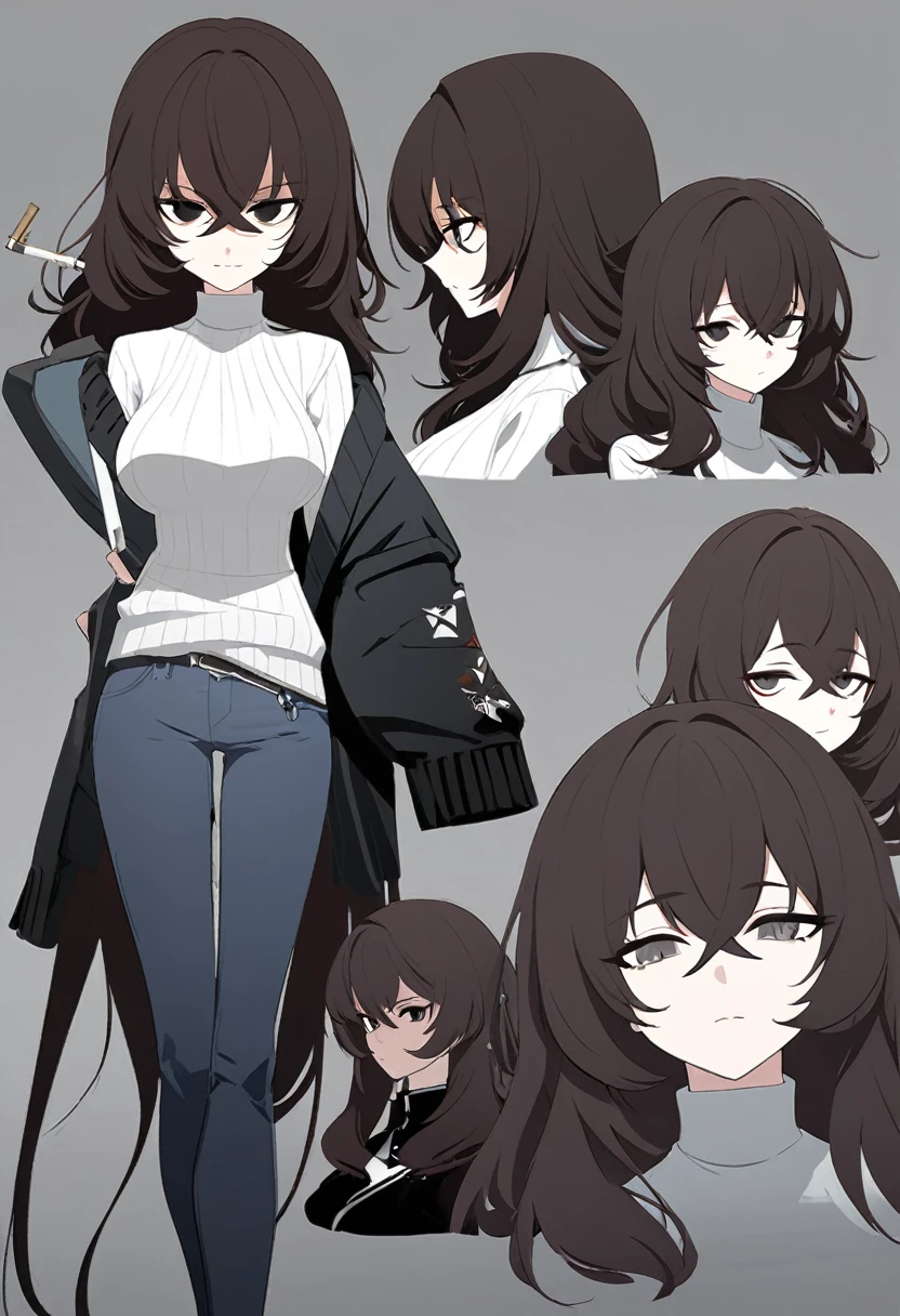 One Woman,Downer,older sister,Concept Art,Dark brown hair,Straight hair with slight inward curls,Staring eyes,Eye Ridge,black eye,Crossed bangs,whole body,smile,Larger breasts,Gray background,Bangs that reach down to the eyes,Messy hair,Perfect dark jeans,White turtleneck sweater,Multiple views of the same character,Character Design,Dark circles under the eyes,Bad look,Listless,Sloppy,accessories,Arknights Wind,Cafe staff,Holding a cigarette,whole bodyCharacter Design,cardigan,